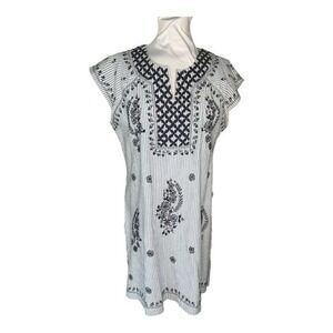 Madison Mathews Seersucker Embroidered Blue Striped Popover Dress Size M NWT